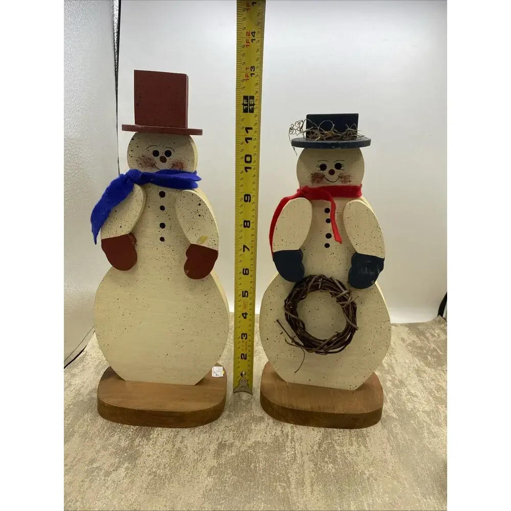 Mr & Mrs Snowman 13 Inches Tall Made Of Wood, Hand Painted